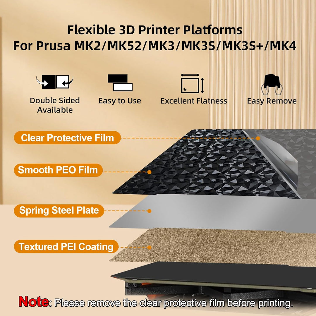 IdeaFormer Smooth Diamond PEO+Gold Textured PEI Spring Steel Build Plate,  241×253.8mm for Prusa I3 MK2 2.5S MK52 MK3S MK3S+ MK4 Core One