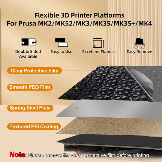 IdeaFormer Smooth Diamond PEO+Gold Textured PEI Spring Steel Build Plate,  241×253.8mm for Prusa I3 MK2 2.5S MK52 MK3S MK3S+ MK4 Core One