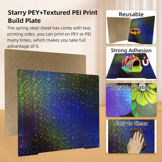 IdeaFormer Smooth Rainbow Starry PEY+Gold Textured PEI Spring Steel Build Plate, 241×253.8mm for Prusa I3 MK2 2.5S MK52 MK3S MK3S+ MK4 Core One