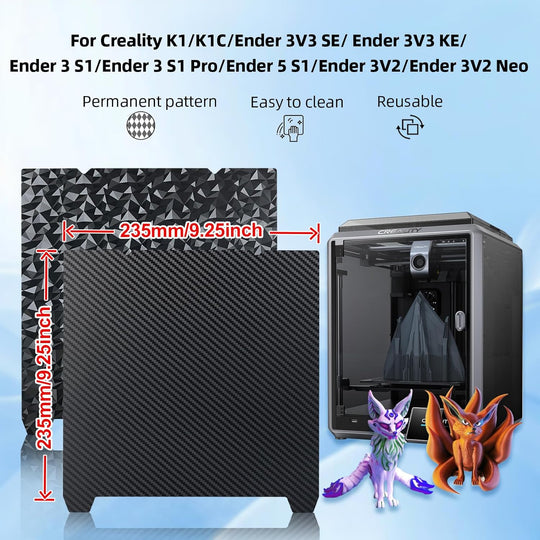 IdeaFormer Diamond PEO+Carbon Fiber PET Spring Steel Build Plate with Magnetic Plate, 235×235mm for Creality K1/K1 SE/K1C/Ender 3 S1/Ender 3 S1 Pro/Ender 5 S1/Ender 3 V3 SE/KE/Ender 3 V2/Neo