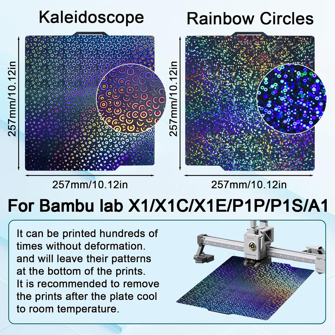 IdeaFormer Smooth Rainbow Circles+Kaleidoscope PEK Spring Steel Build Plate, 257x257mm for Bambu Lab P1P/P1S/X1C/X1/X1E/A1