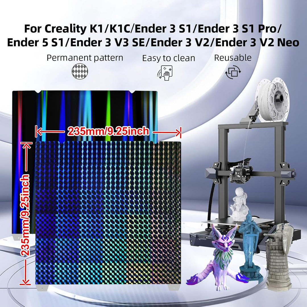 IdeaFormer Rainbow Streak+Phantom Beam H1H Spring Steel Build Plate with Magnetic Plate, 235×235mm for Creality K1/K1 SE/K1C/Ender 3 S1/Pro/Ender 3 V3 SE/KE/Ender 5 S1