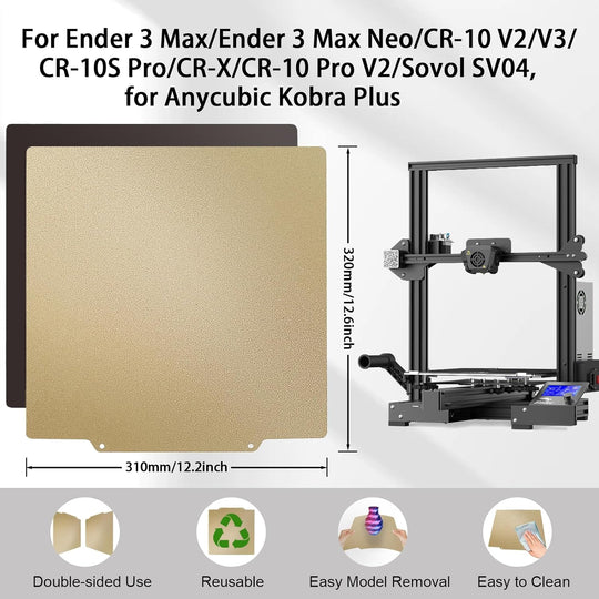 IdeaFormer Double-Sided Gold Textured PEI Spring Steel Build Plate with Magnatic Plate, 310×320mm for Ender 3 Max/Ender 3 Max Neo/CR-10 V2/V3/CR-10S Pro/CR-X/CR-10 Pro V2/Kobra Plus/Sovol SV04