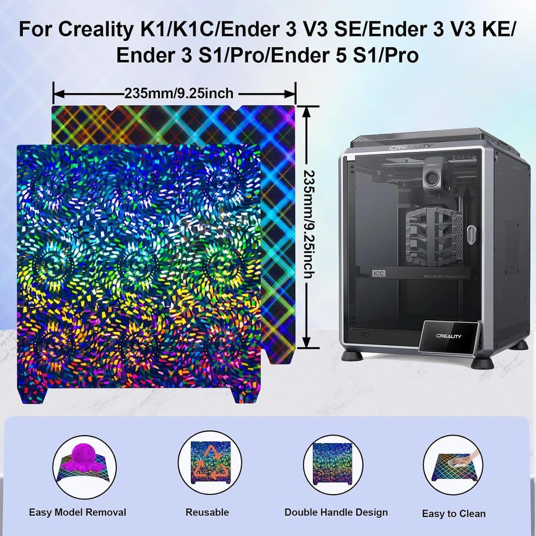IdeaFormer Rainbow Gear PEW+Plaid PES Spring Steel Build Plate, 235x235mm for Creality K1C/K1/SE/Ender 5 S1/Ender 3/Ender 3 Pro/Ender 3 V2/Ender 3 S1 Pro/Ender 3 Neo