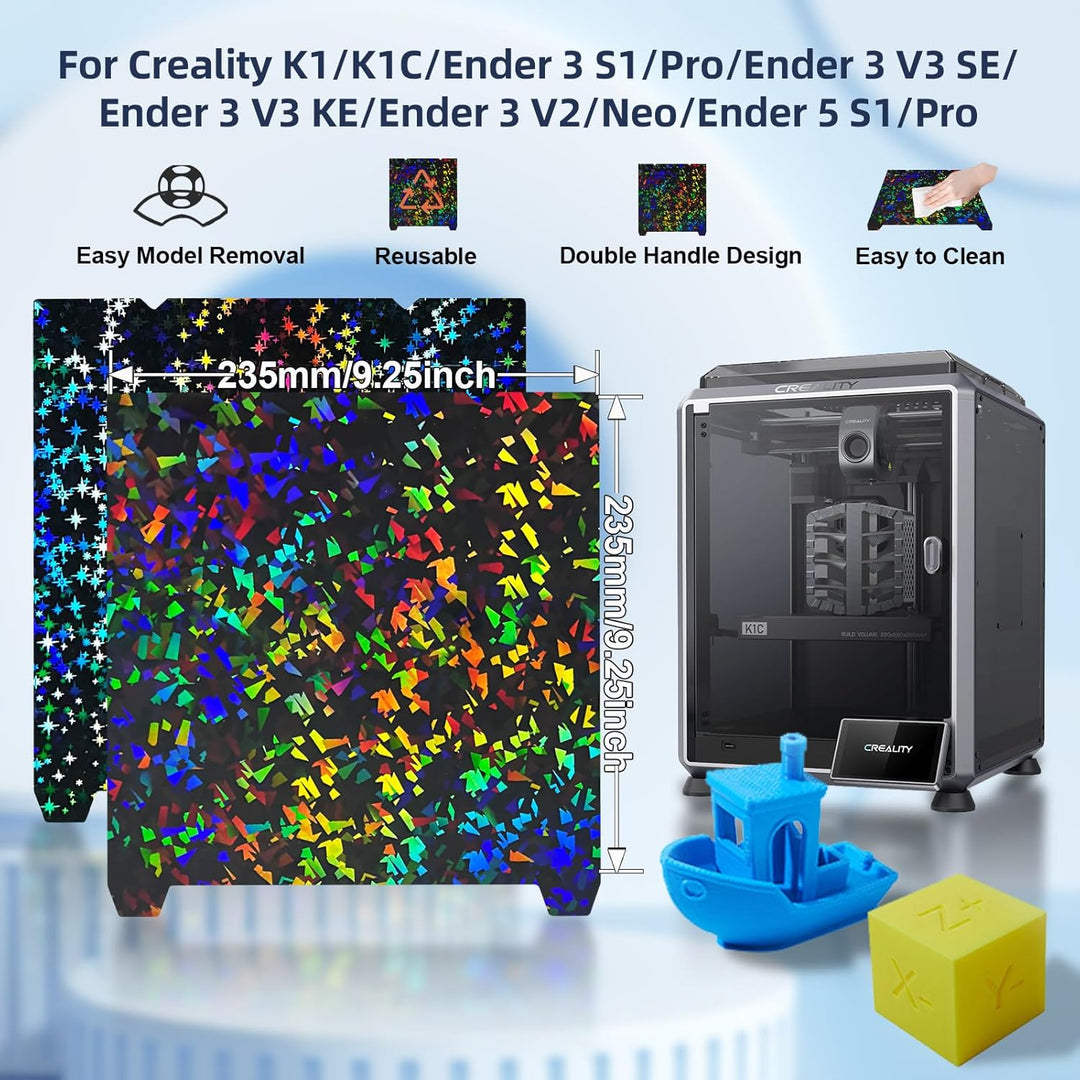 IdeaFormer Rainbow Confetti PEF+Galaxy PEY Spring Steel Build Plate with Magnetic Plate, 235×235mm for Creality K1/K1 SE/K1C/Ender 3 S1/Ender 3 S1 Pro/Ender 5 S1/Ender 3 V3 SE/KE/Ender 3 V2/Neo