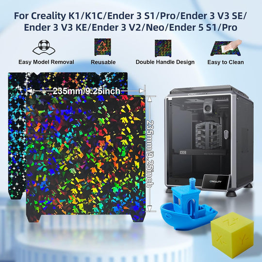 IdeaFormer Rainbow Confetti PEF+Galaxy PEY Spring Steel Build Plate with Magnetic Plate, 235×235mm for Creality K1/K1 SE/K1C/Ender 3 S1/Ender 3 S1 Pro/Ender 5 S1/Ender 3 V3 SE/KE/Ender 3 V2/Neo
