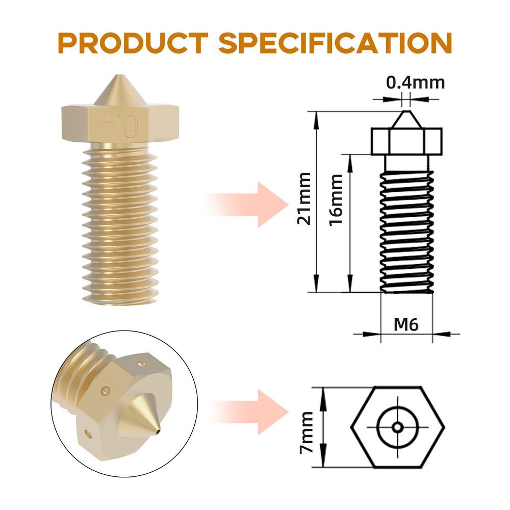 2pcs Clone CHT Volcano V6 0.4/0.6/0.8/1.0mm Brass Nozzles 3D Printer High Flow Print Head Nozzle for Anycubic Kobra Max, Vyper, and Artillery Sidewinder X1 X2 FDM 3D printers Support 1.75mm Filament