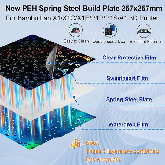 IdeaFormer Smooth Sweetheart+Waterdrop PEH Spring Steel Build Plate, 257×257mm for Bambu Lab X1 X1C X1E P1P P1S A1