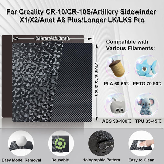 IdeaFormer Diamond PEO+Carbon Fiber PET Spring Steel Build Plate with Magnetic Plate, 310×310mm for Artillery Sidewinder X1/X2 for Creality CR-10/CR-10S/Anet A8 Plus for QiDi Plus 4