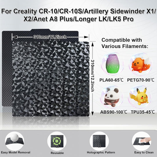 IdeaFormer Diamond PEO+Carbon Fiber PET Spring Steel Build Plate, 310×310mm for Artillery Sidewinder X1/X2 for Creality CR-10/CR-10S/Anet A8 Plus for QiDi Plus 4
