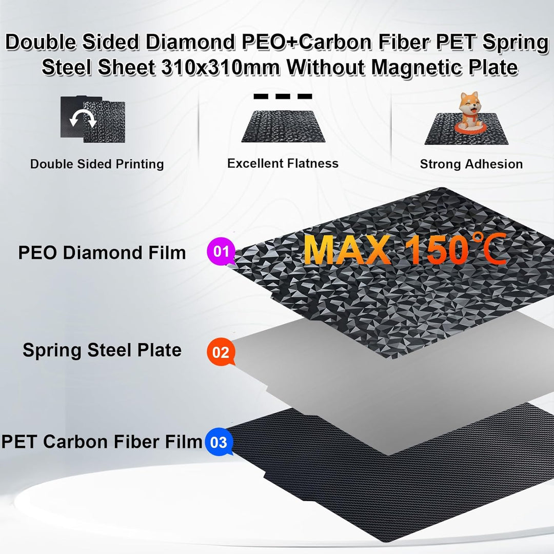IdeaFormer Diamond PEO+Carbon Fiber PET Spring Steel Build Plate, 310×310mm for Artillery Sidewinder X1/X2 for Creality CR-10/CR-10S/Anet A8 Plus for QiDi Plus 4