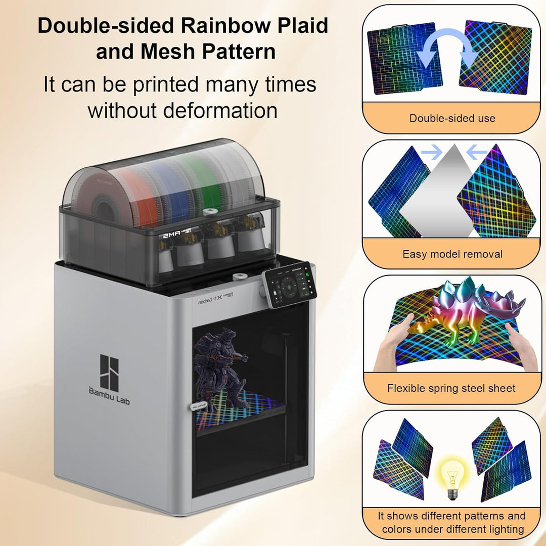 IdeaFormer Smooth Rainbow Mesh+Plaid PES  Spring Steel Build Plate, 257×257mm for Bambu Lab X1 X1C X1E P1P P1S A1