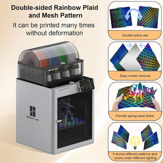 IdeaFormer Smooth Rainbow Mesh+Plaid PES  Spring Steel Build Plate, 257×257mm for Bambu Lab X1 X1C X1E P1P P1S A1