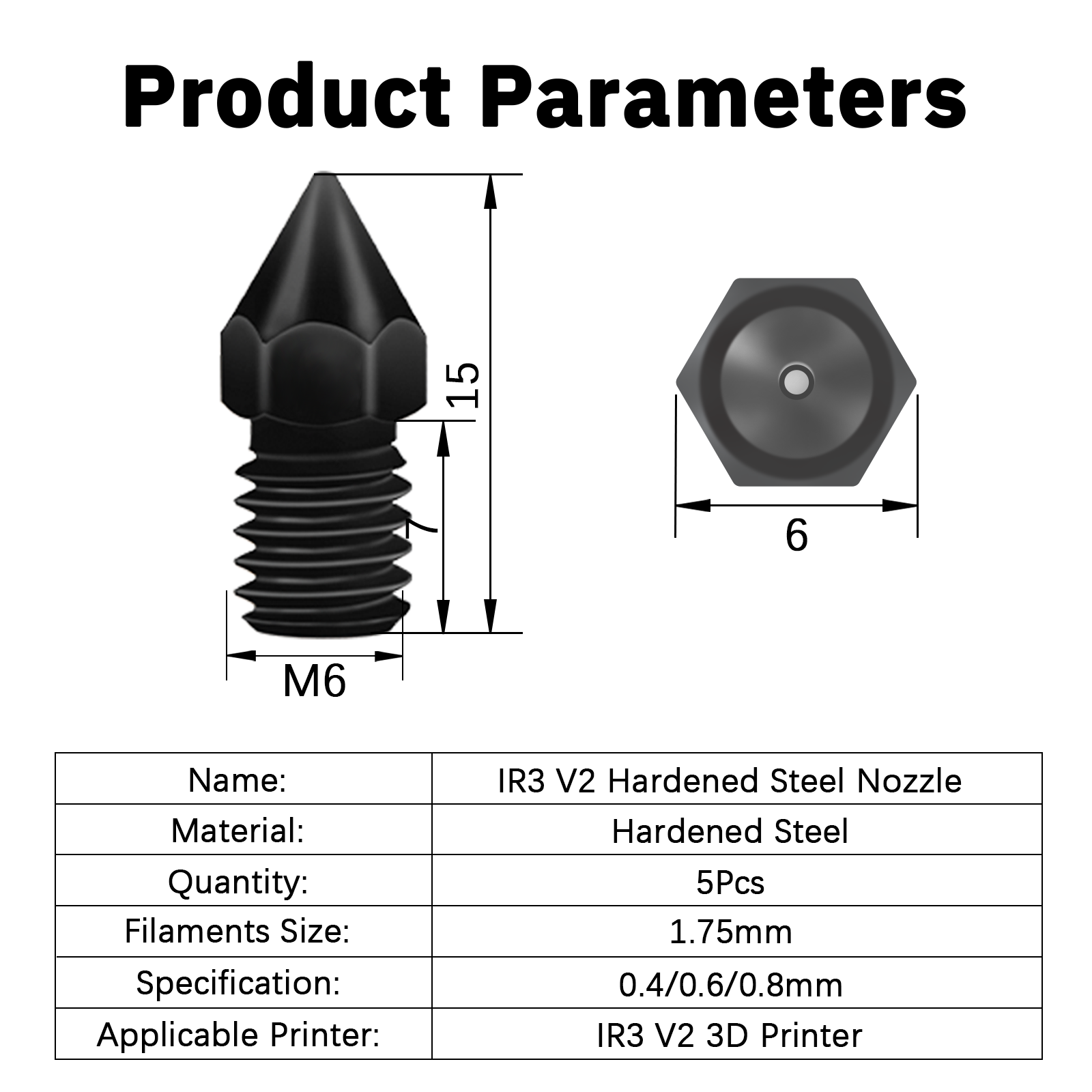 IdeaFormer 5Pcs IR3 V2 Hardened Steel Nozzles, IR3 V2 3D Printer Hardened Steel Extruder Hotend Nozzle Kit, the sizes 0.4/0.6/0.8mm, Support Filament TPU/PLA/PETG/ABS