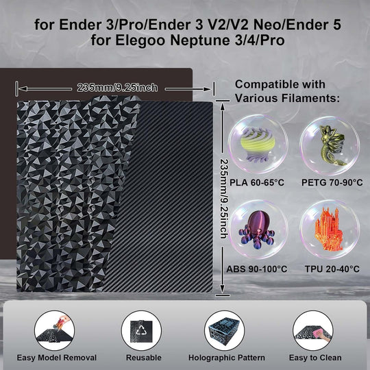 IdeaFormer Diamond PEO+Carbon Fiber PET Spring Steel Build Plate with Magnetic Plate, 235×235mm for Ender 3/Pro/Ender 3 V2/V2 Neo/Ender 5/for Elegoo Neptune 3/Neptune 4/Pro