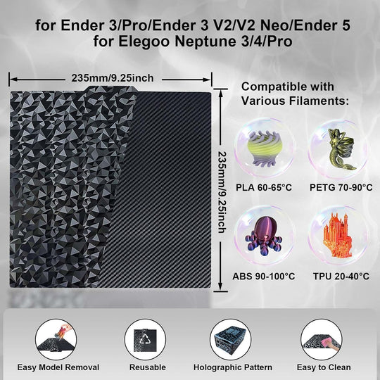 IdeaFormer Diamond PEO+Carbon Fiber PET Spring Steel Build Plate, 235x235mm for Ender 3/Ender 3 V2/Ender 3 Pro/Neo/for Elegoo Neptune 3/Neptune 4 Pro