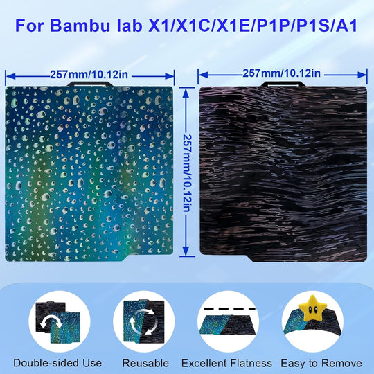 IdeaFormer Wood Grain+Waterdrop  PER Spring Steel Build Plate, 257×257mm for Bambu Lab X1 X1C X1E P1P P1S A1