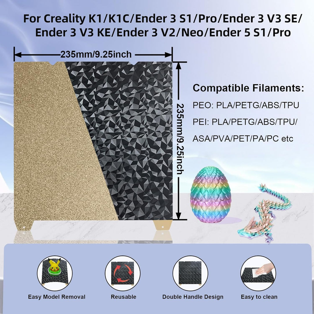 IdeaFormer Diamond PEO+Textured Gold PEI Spring Steel Build Plate, 235x235mm for Creality K1C/K1/SE/Ender 5 S1/Ender 3/Ender 3 Pro/Ender 3 V2/Ender 3 S1 Pro/Ender 3 Neo