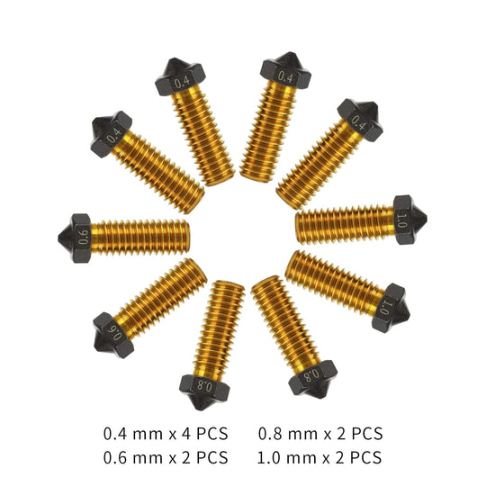 10Pcs V6 Volcano PTFE Nozzles 0.4/0.6/0.8/1.0mm M6 Thread Hotend Extruder PTFE Coating Volcano Nozzle for Artillery Genius, Sidewinder X1, X2, for Anycubic Vyper, Kobra Plus, Kobra Max