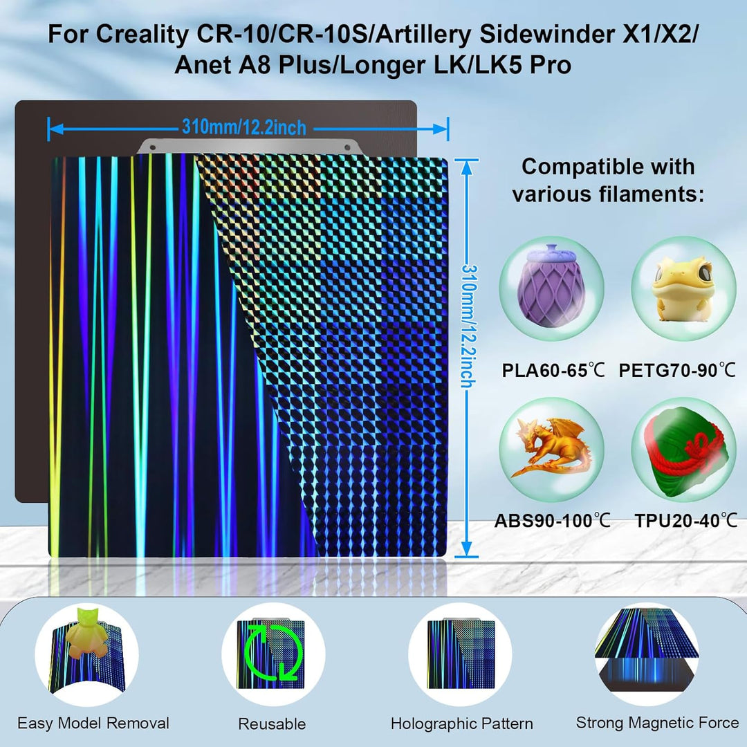 IdeaFormer Light Beam+Phantom H1H Spring Steel Build Plate with Magnetic Plate, 310×310mm for Qidi Plus 4 for Artillery Sidewinder X1/X2 for Creality CR-10/CR-10S/Anet A8 Plus