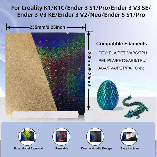 IdeaFormer Rainbow Starry PEY+Textured Gold PEI Spring Steel Build Plate, 235x235mm for Creality K1C/K1/SE/Ender 5 S1/Ender 3/Ender 3 Pro/Ender 3 V2/Ender 3 S1 Pro/Ender 3 Neo