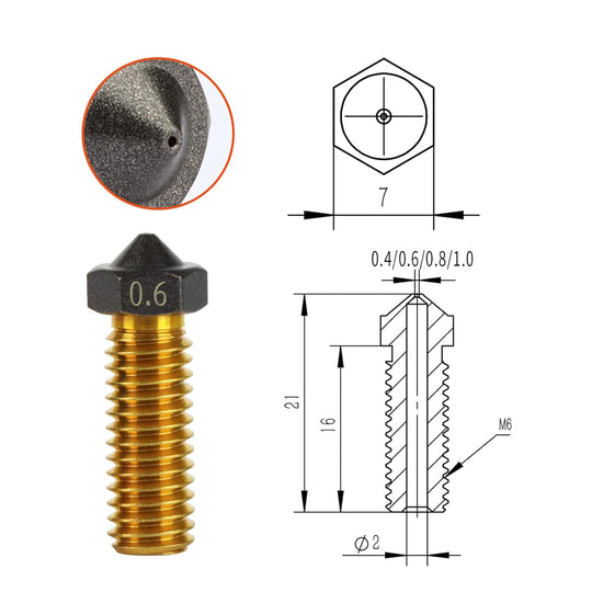 10Pcs V6 Volcano PTFE Nozzles 0.4/0.6/0.8/1.0mm M6 Thread Hotend Extruder PTFE Coating Volcano Nozzle for Artillery Genius, Sidewinder X1, X2, for Anycubic Vyper, Kobra Plus, Kobra Max