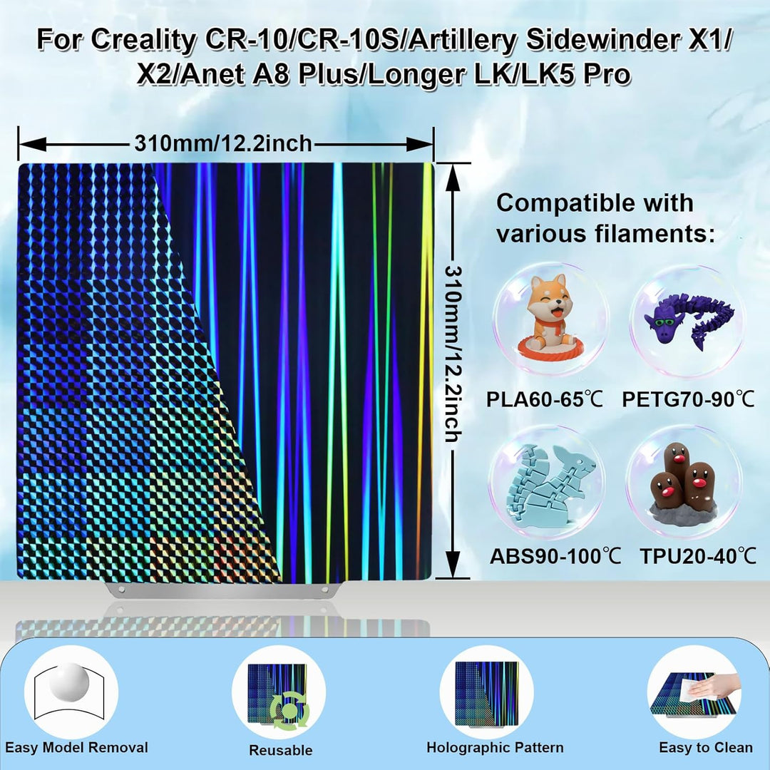 IdeaFormer Light Beam+Phantom H1H Spring Steel Build Plate, 310×310mm for Qidi Plus 4 for Artillery Sidewinder X1/X2 for Creality CR-10/CR-10S/Anet A8 Plus