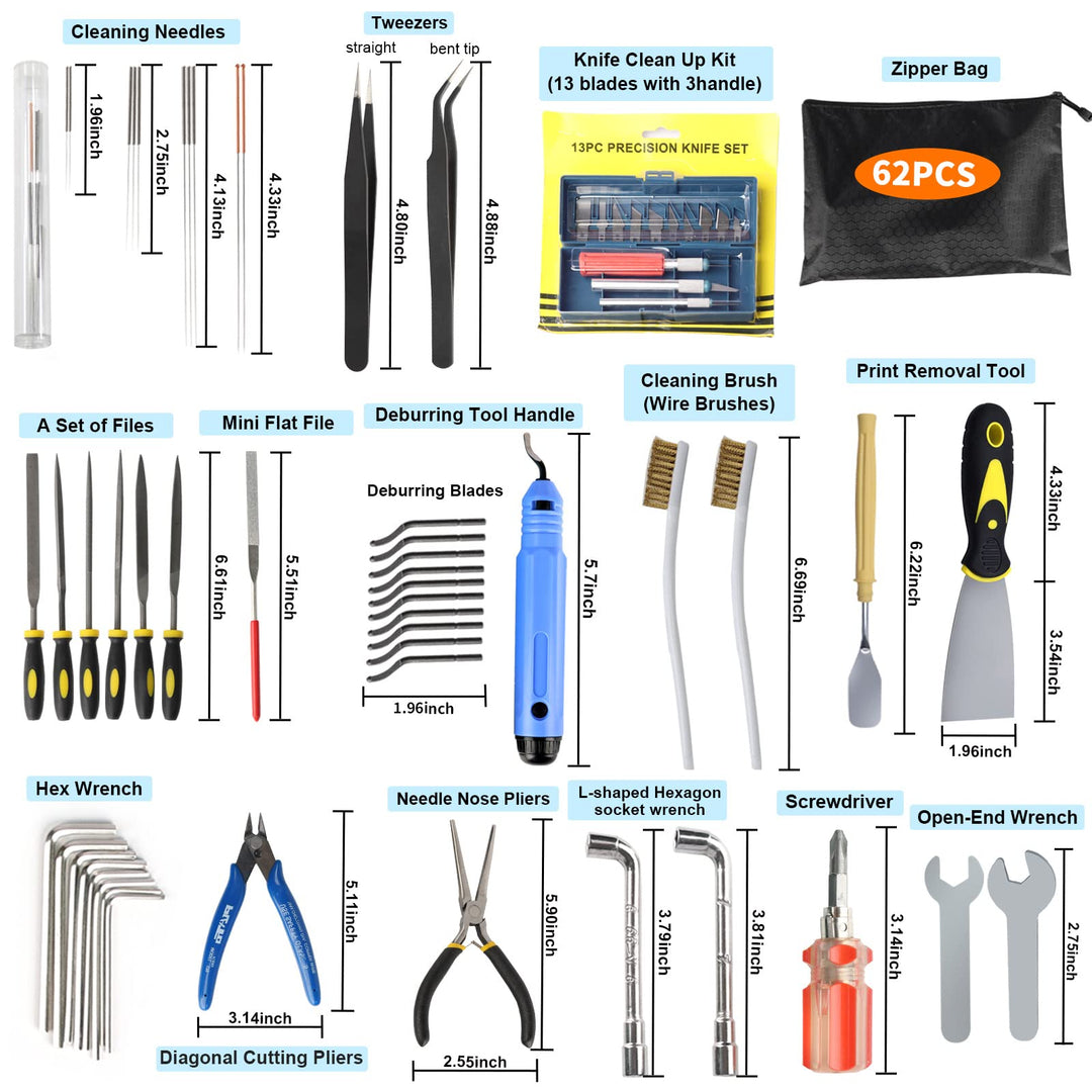 62PCS 3D Printer Tools Set Print Tool Kit Includes Cleaning Tools Deburring & Disassembly Tool Storage Bag for 3D Printing Maintenance Cleaning Removing Trimming Finishing Accessories