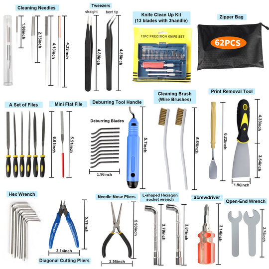 62PCS 3D Printer Tools Set Print Tool Kit Includes Cleaning Tools Deburring & Disassembly Tool Storage Bag for 3D Printing Maintenance Cleaning Removing Trimming Finishing Accessories