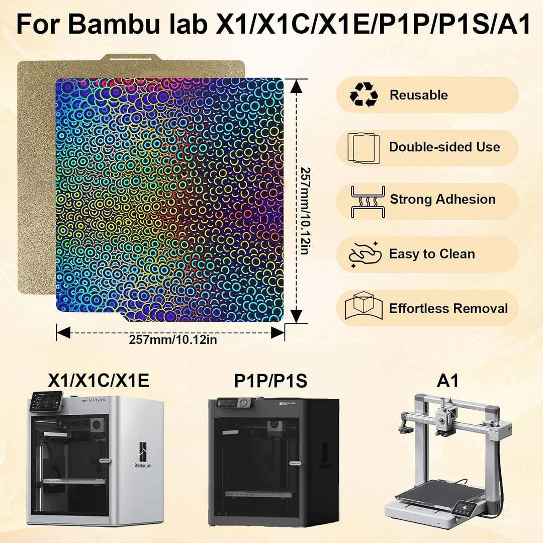 IdeaFormer Smooth Kaleidoscope PEK+Textured PEI  Spring Steel Build Plate, 257×257mm for Bambu Lab X1 X1C X1E P1P P1S A1