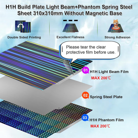 IdeaFormer Light Beam+Phantom H1H Spring Steel Build Plate, 310×310mm for Qidi Plus 4 for Artillery Sidewinder X1/X2 for Creality CR-10/CR-10S/Anet A8 Plus