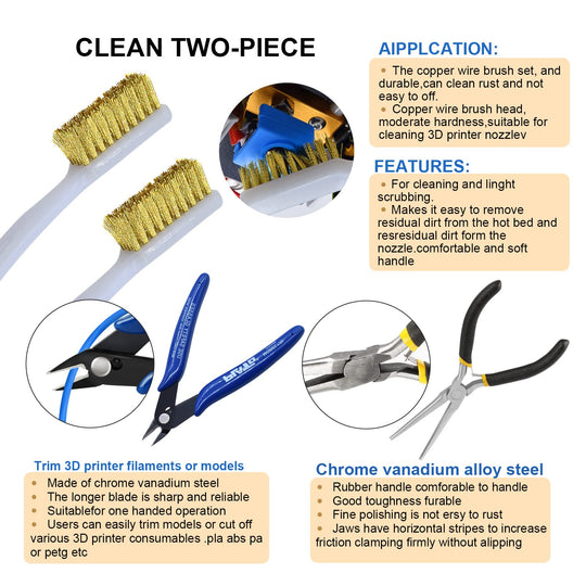 62PCS 3D Printer Tools Set Print Tool Kit Includes Cleaning Tools Deburring & Disassembly Tool Storage Bag for 3D Printing Maintenance Cleaning Removing Trimming Finishing Accessories