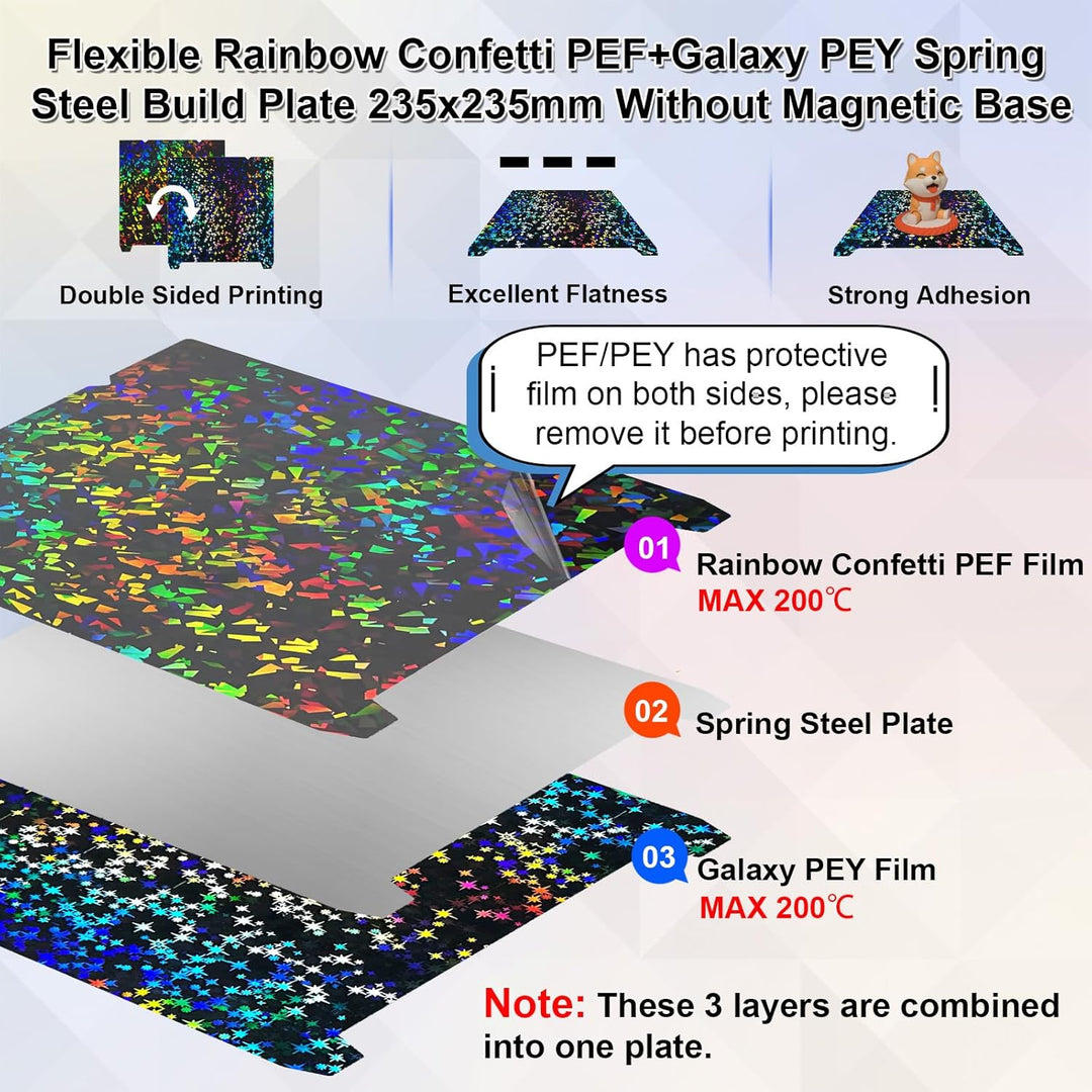 IdeaFormer Rainbow Confetti PEF+Galaxy PEY Spring Steel Build Plate, 235x235mm for Creality K1C/K1/SE/Ender 5 S1/Ender 3/Ender 3 Pro/Ender 3 V2/Ender 3 S1 Pro/Ender 3 Neo