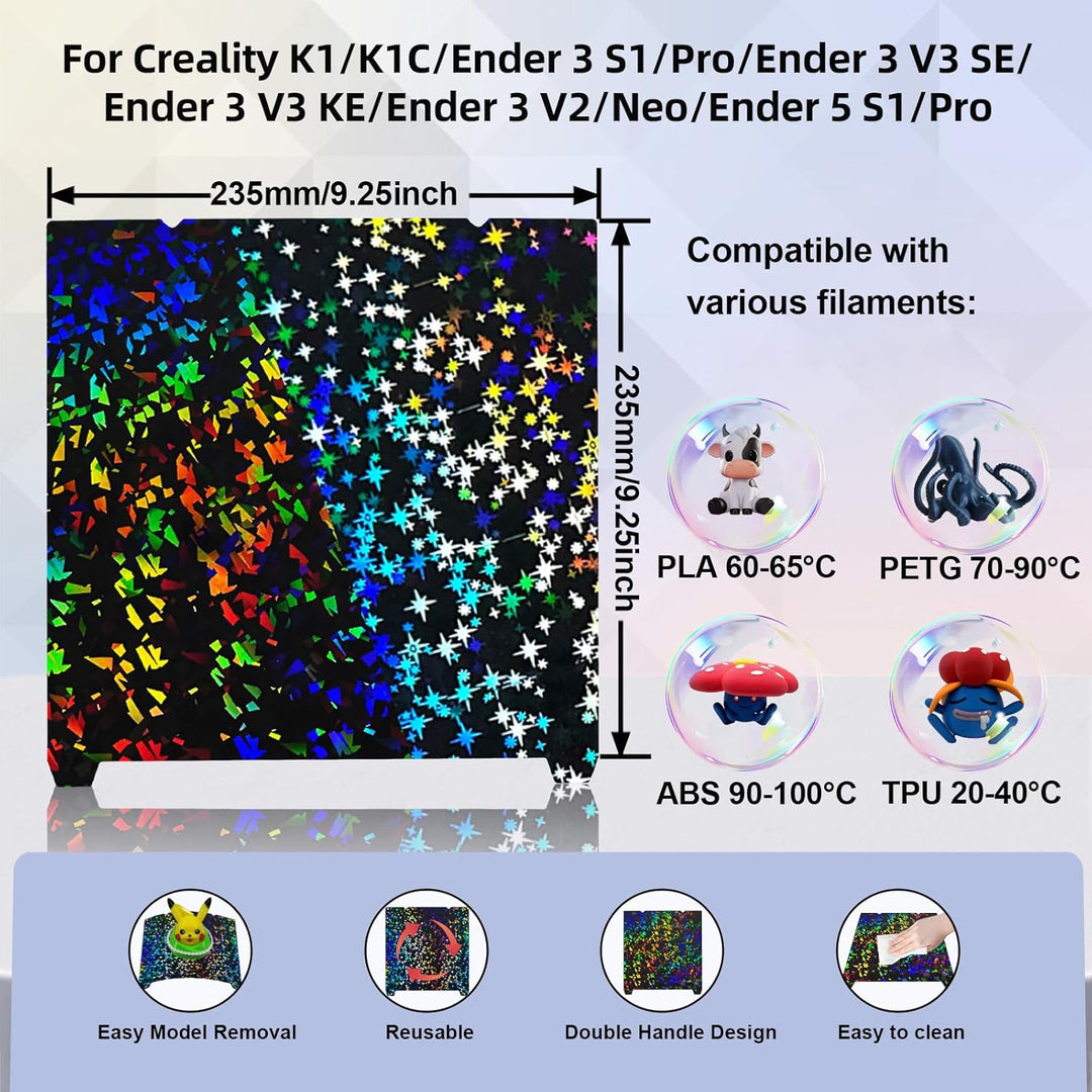 IdeaFormer Rainbow Confetti PEF+Galaxy PEY Spring Steel Build Plate, 235x235mm for Creality K1C/K1/SE/Ender 5 S1/Ender 3/Ender 3 Pro/Ender 3 V2/Ender 3 S1 Pro/Ender 3 Neo
